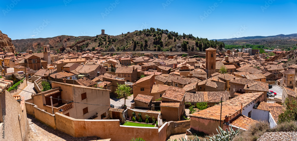 Panoramic view of the monumental city of Daroca with its stone houses and old roofs in the province of Zaragoza.