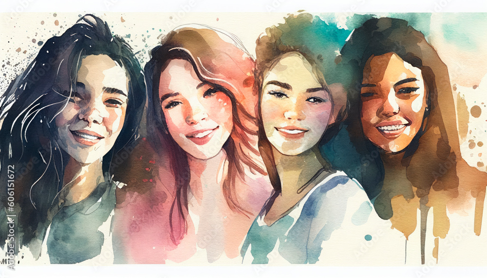 watercolor drawing of  many different beautiful girls is smiling.