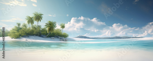 A tranquil tropical beach with palm trees and rocky cliffs, the perfect place to relax and unwind. AI generative beauty at its best. © sorapop