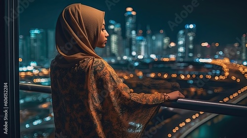 Muslim Woman's Nighttime View of City with Tall Buildings, generative ai photo