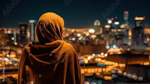 Muslim Woman's Nighttime View of City with Tall Buildings, generative ai
