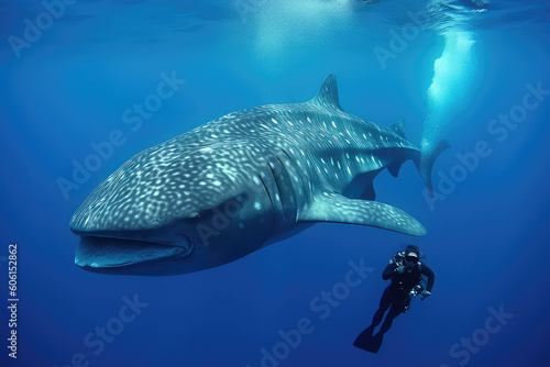 Diver in the water with a whale shark next to it © Natalia