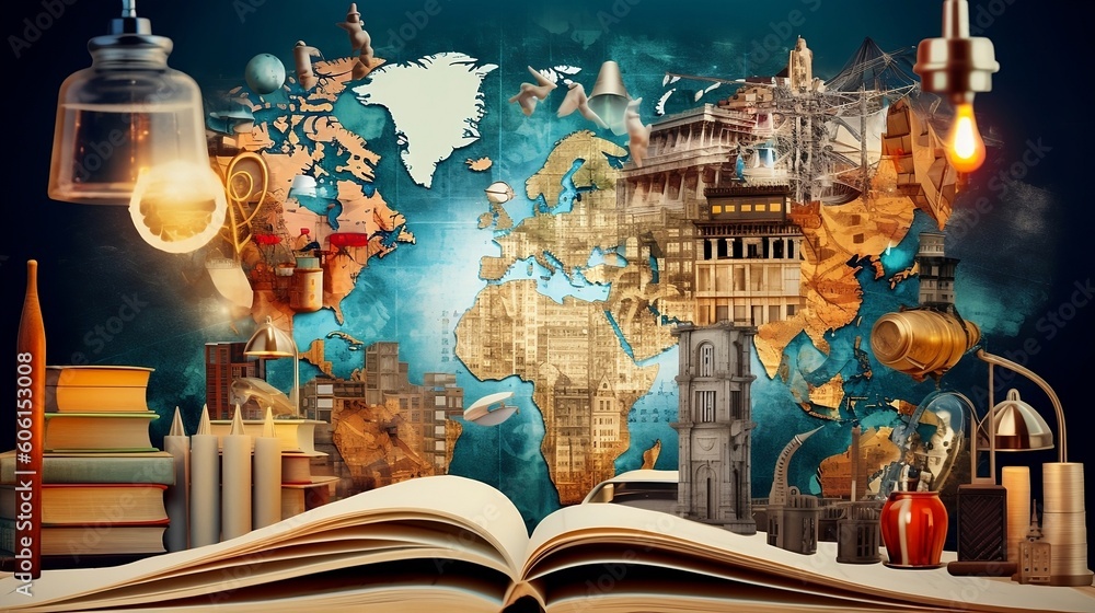 Fototapeta premium Education and Intelligence Collage with Global Travel Theme, bulb, light, map, generative AI