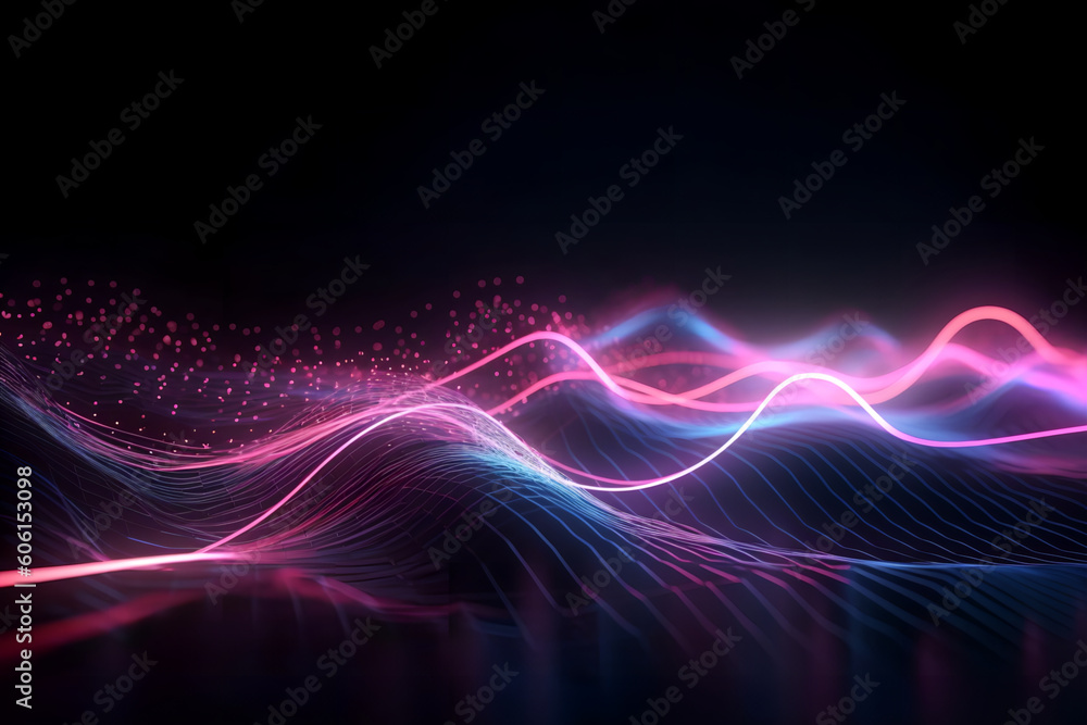 Abstract futuristic background with pink blue glowing neon moving high-speed wave lines.