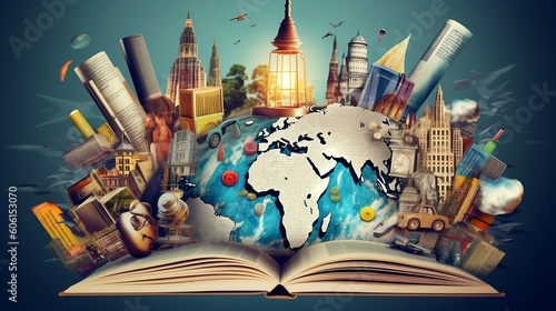 Photo Education and Intelligence Collage with Global Travel Theme, bulb, light, map, g