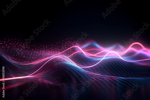 Abstract futuristic background with pink blue glowing neon moving high-speed wave lines. © Nick Dolhii