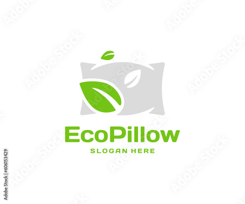 Filler of a soft pillow from eco materials logo design. Hygiene pillow with leaves graphic design. Concept of comfortable and healthy sleep