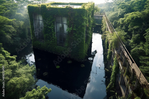 Abandoned buildings reclaimed by nature. Generative AI