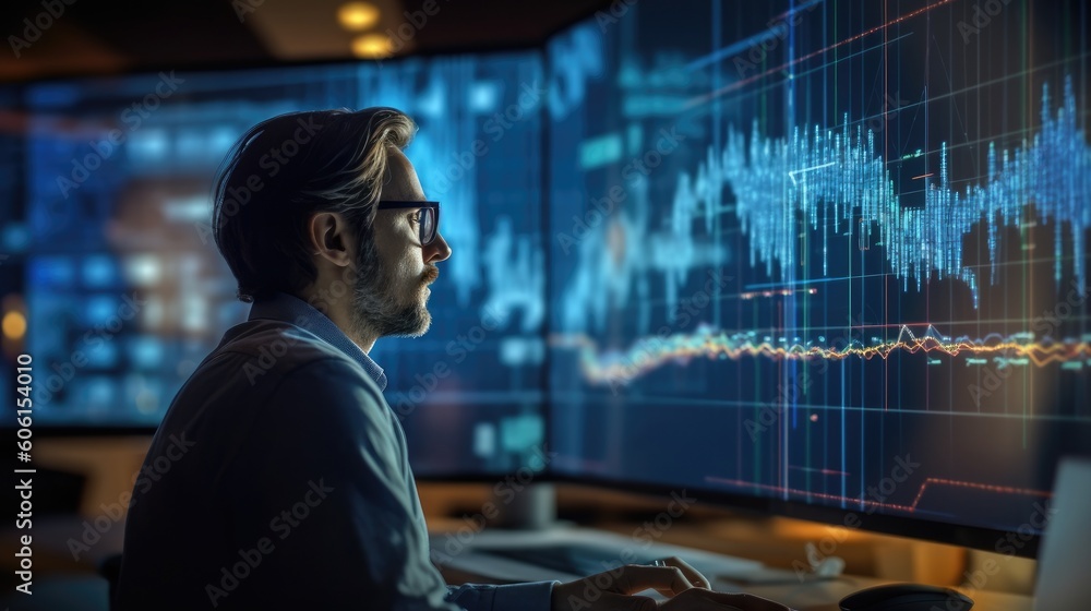 Person presenting and evaluating data chart - Illustration created with generative ai Person presenting and evaluating data chart - Illustration created with generative ai