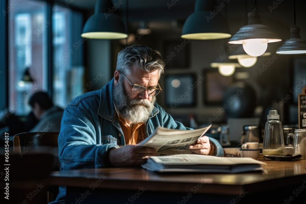 person sitting in a cafe reading a newspaper - Illustration Generated with ai Technology