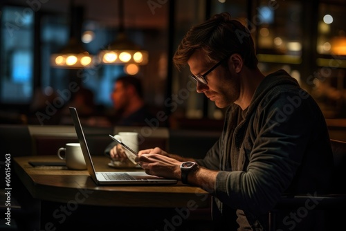 person working on laptop in cafe - illustration created with generative ai
