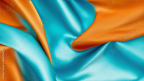 Silk satin. Gradient. Wavy folds. Shiny fabric surface. Beautiful orange teal background with space for design, generative ai