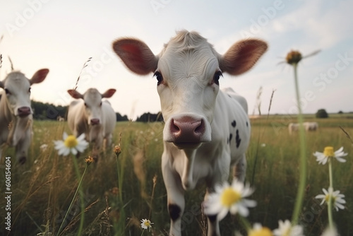 Happy baby cow culf roaming free on farm meadow. Farm animal welfare and care. Generative Ai