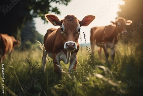 Happy baby cow culf roaming free on farm meadow. Farm animal welfare and care. Generative Ai © marcin jucha