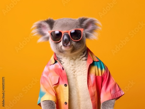 Cute gray fluffy koala in sunglasses and colorful shirt against bright gradient background. © radekcho