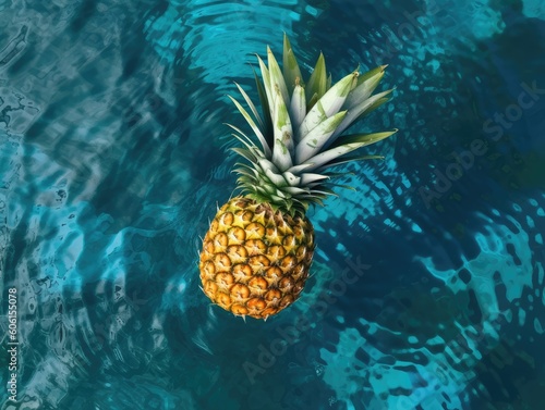Fresh pineapple in the blue waterpool. Healthy diet food.