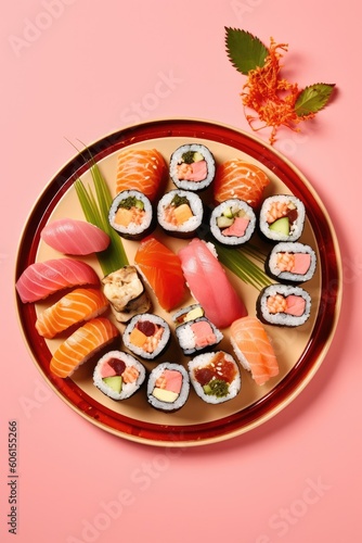Set of sushi rolls served on table. Top view. Pink background.