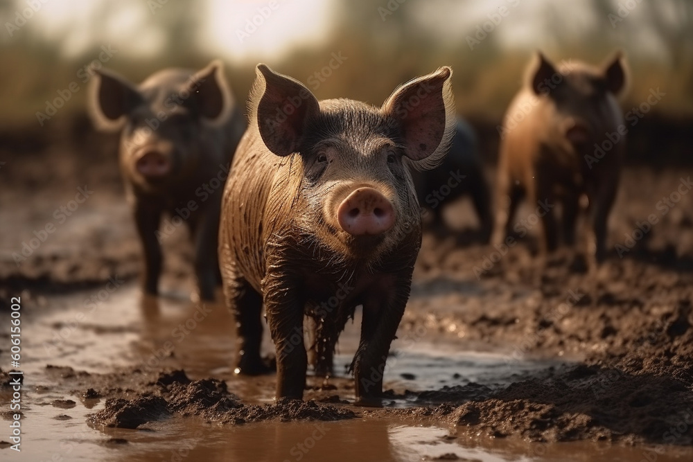 Happy pigs roaming free on farm meadow and mud. Farm animal welfare and care. Generative Ai