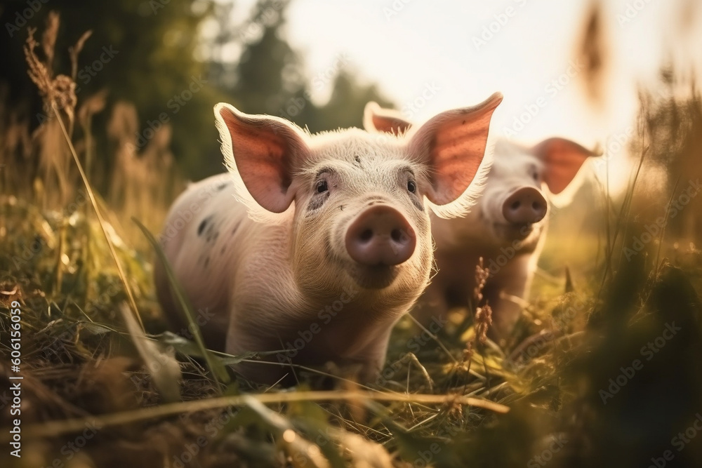 Happy pigs roaming free on farm meadow. Farm animal welfare and care. Generative Ai Happy pigs roaming free on farm meadow. Farm animal welfare and care. Generative Ai