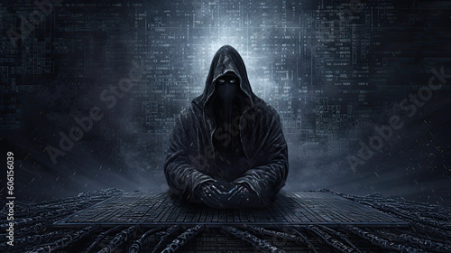 grim hacker in the darkness, futuristic cyberspace metaverse - by generative ai photo