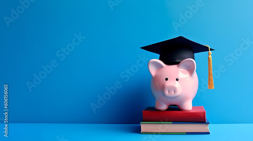 Piggy Bank in a Graduation Hat Standing on Books, Copy Space: AI Generated Image