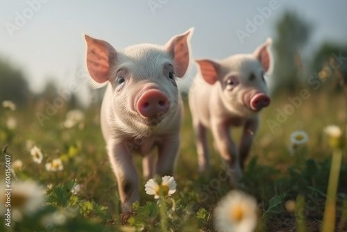 Happy pigs roaming free on farm meadow. Farm animal welfare and care. Generative Ai
