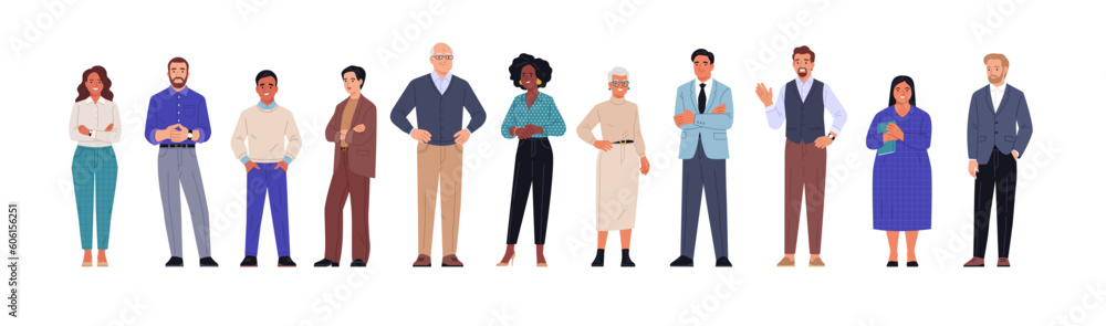 Multinational business team. Vector illustration of diverse cartoon men and women of various ethnicities, ages, and body types in office outfits. Isolated on white.