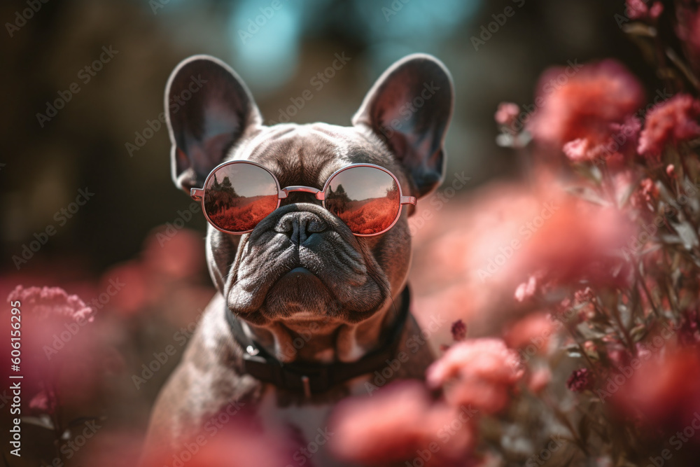 French Bulldog dog with sunglasses between flowers. Generative AI illustration