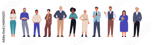 Multinational business team. Vector illustration of diverse cartoon men and women of various ethnicities, ages, and body types in office outfits. Isolated on white.