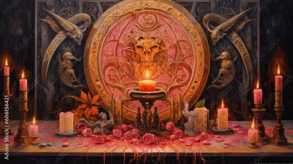  Satanism demonic ritual occult witchcraft altar - by generative ai