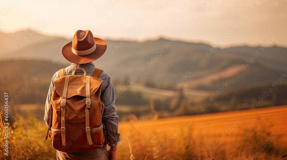 hiker with backpack in the mountains countryside sport outdoors - by generative ai hiker with backpack in the mountains countryside sport outdoors - by generative ai
