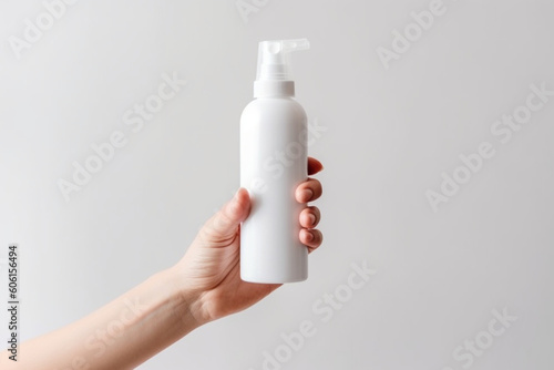 Close up photo of female womna hand holding showing advertising spray bottle isolated white color background with copy space Generative AI