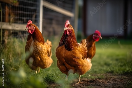 Chickens walking on the grass on the farm. Generative AI. photo