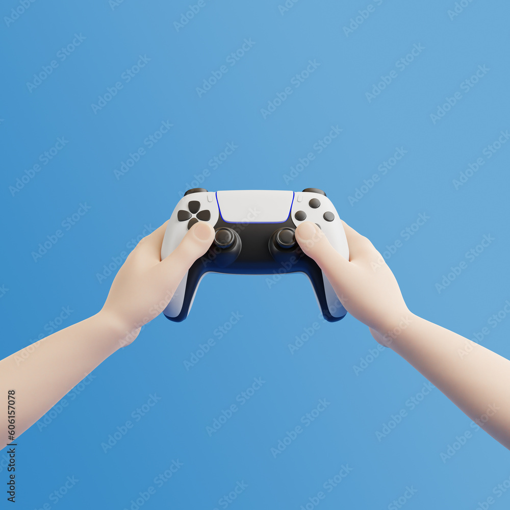 Сartoon hands holding a gamepad on a blue background. Joystick for video game. Game controller. Creative Minimal Gaming concept. 3D rendering illustration