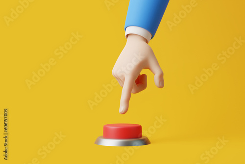 Cartoon hand will press a big red alert button on a yellow background. Startup and activation concept. 3d rendering illustration photo
