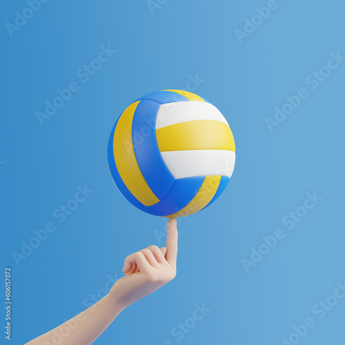 Cartoon hand holding volleyball on a blue background. 3D rendering illustration