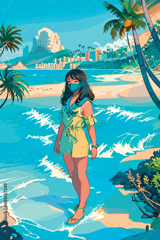 Young woman in summer clothes enjoys the weather on the beach. Vector illustration in hand drawn style.