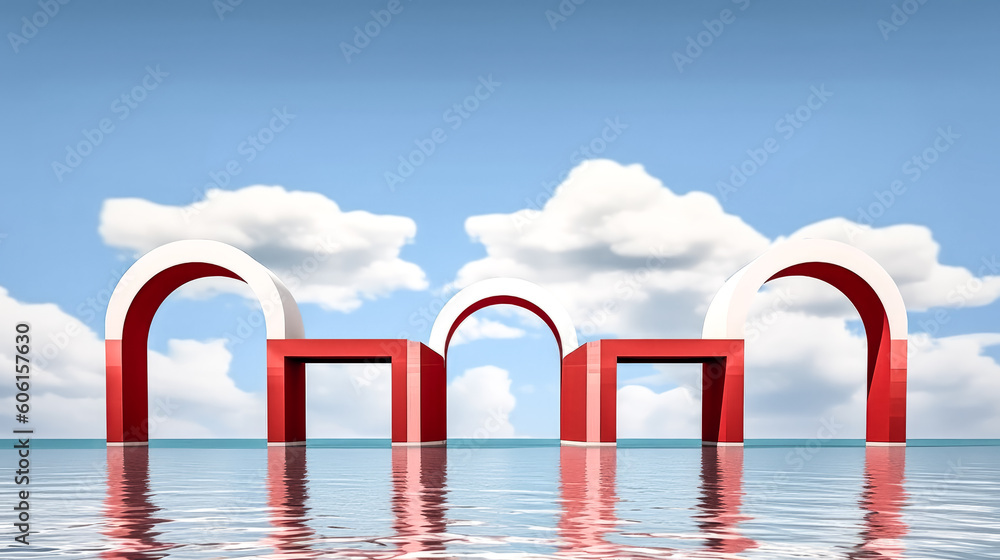 A surreal seascape was created with red arches and white clouds - generative ai. A surreal seascape was created with red arches and white clouds - generative ai.