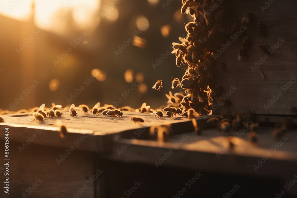 Honey bees working in bee hive. Generative AI - obrazy, fototapety, plakaty 