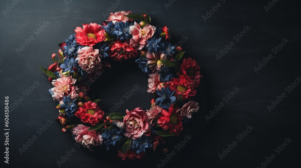 Floral Patriotic Wreath on Dark Textured Background with Copy Space - American Red, White, and Blue Flowers - Veterans Day, Memorial Day, 4th of July - Generative AI Floral Patriotic Wreath on Dark Textured Background with Copy Space - American Red, White, and Blue Flowers - Veterans Day, Memorial Day, 4th of July - Generative AI