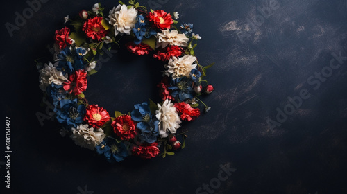 Floral Patriotic Wreath on Dark Textured Background with Copy Space - American Red  White  and Blue Flowers - Veterans Day  Memorial Day  4th of July - Generative AI