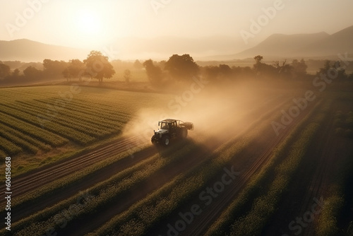 Tractor spraying pesticide on plantation. Chemical dusting crop. Generative AI © marcin jucha