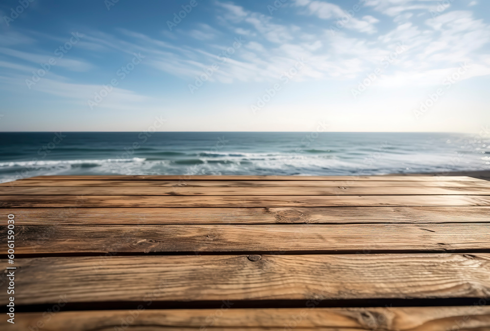 Simplicity by the Sea: Minimalist Wooden Table in Sunlight. AI Generated. Simplicity by the Sea: Minimalist Wooden Table in Sunlight. AI Generated.