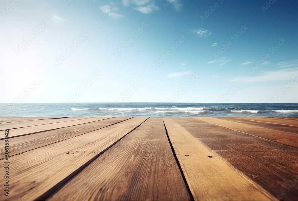 Simplicity by the Sea: Minimalist Wooden Table in Sunlight. AI Generated.