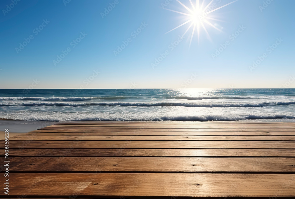 Fototapeta premium Simplicity by the Sea: Minimalist Wooden Table in Sunlight. AI Generated.