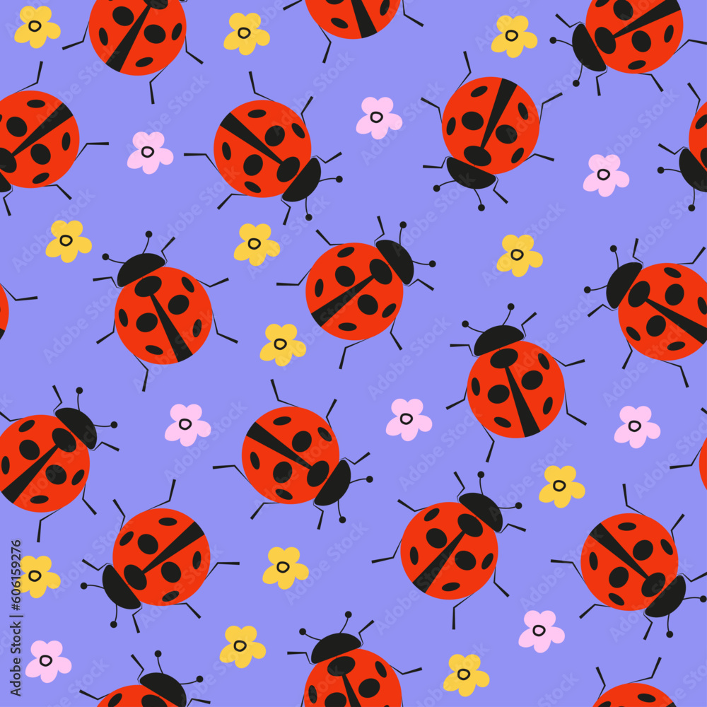 Ladybug with flowers seamless pattern. Vector illustration on a blue background.