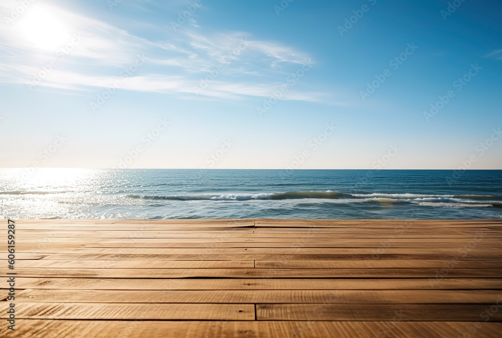 Simplicity by the Sea: Minimalist Wooden Table in Sunlight. AI Generated.