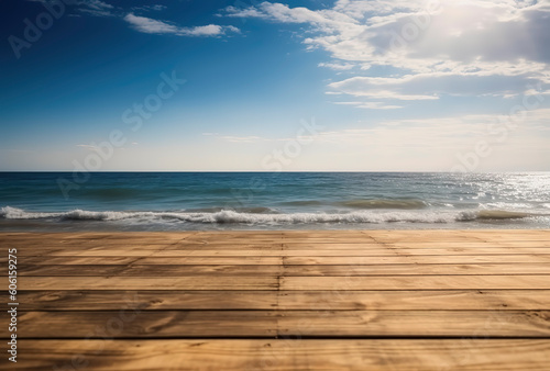 Simplicity by the Sea: Minimalist Wooden Table in Sunlight. AI Generated. © Fernando