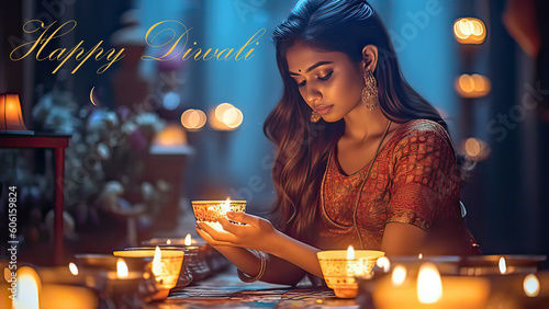 Indian woman lighting up candles at Diwali festival. Diwali festival greeting postcard