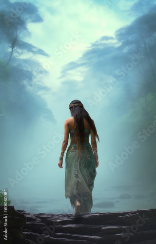 ancient Mayan queen walking in a forest clearing.